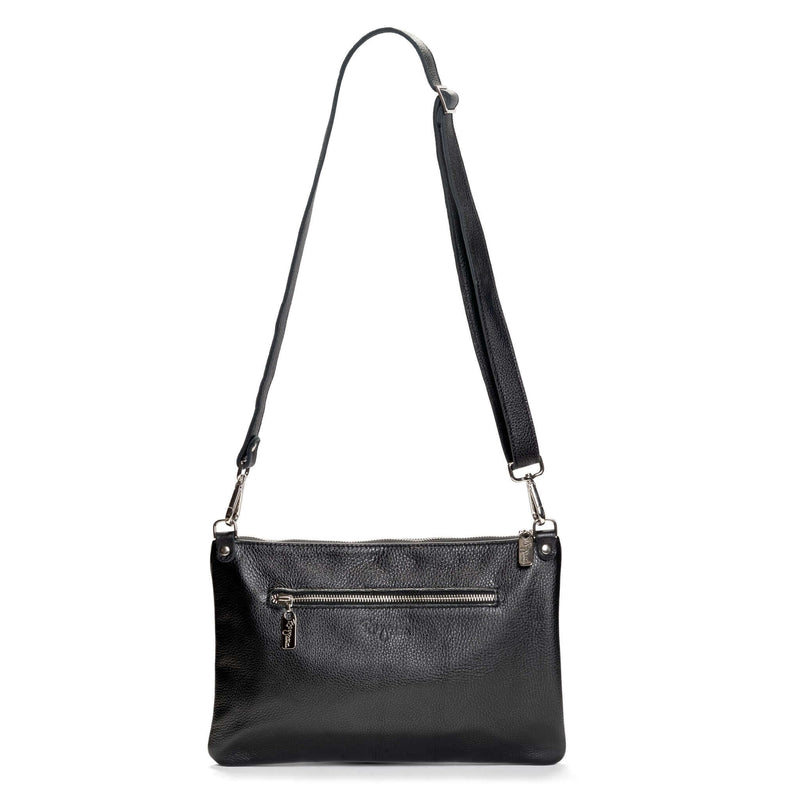 Back view of Studded bag in black full-grain leather convertible clutch-to-crossbody with detachable strap