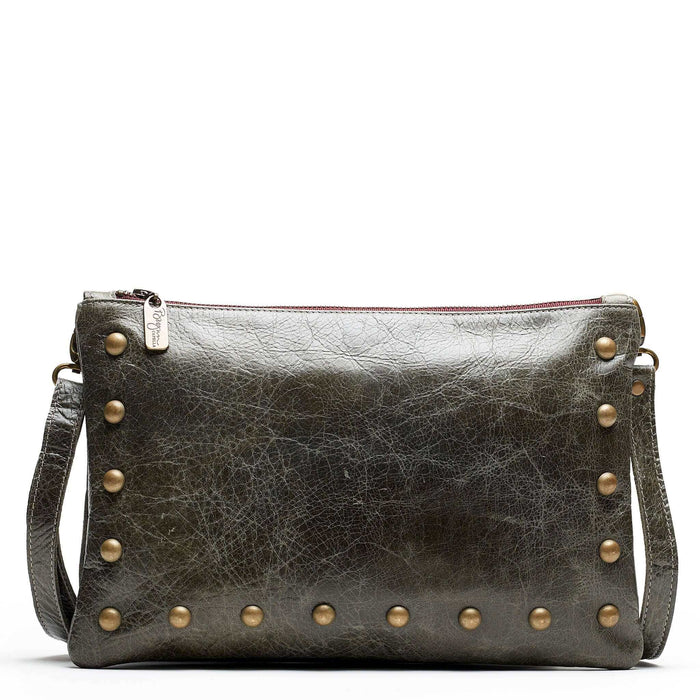 Studded bag in dark charcoal full-grain leather convertible clutch-to-crossbody with adjustable strap