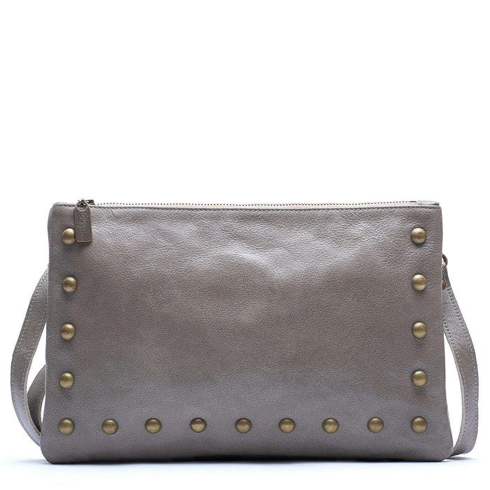 Studded clutch crossbody, Grey full-grain leather USA made, Handbags, , Brynn Capella