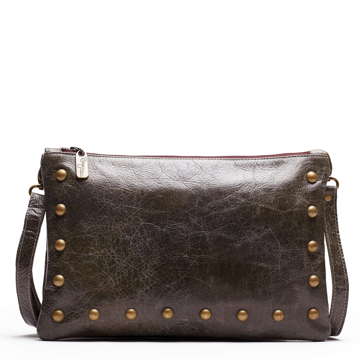 Nikki Studded Crossbody Bag - River Rock with brass studs and adjustable strap, stylish and practical for everyday use.