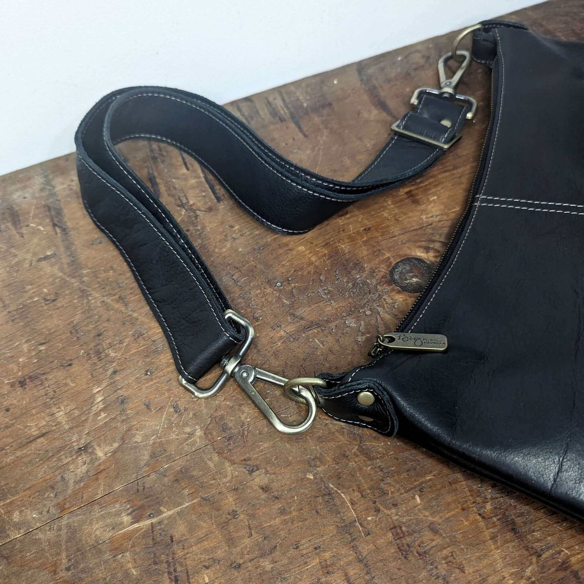 Black leather Hobo Crossbody, Brynn Capella , Aniline Leather, pull-up leather