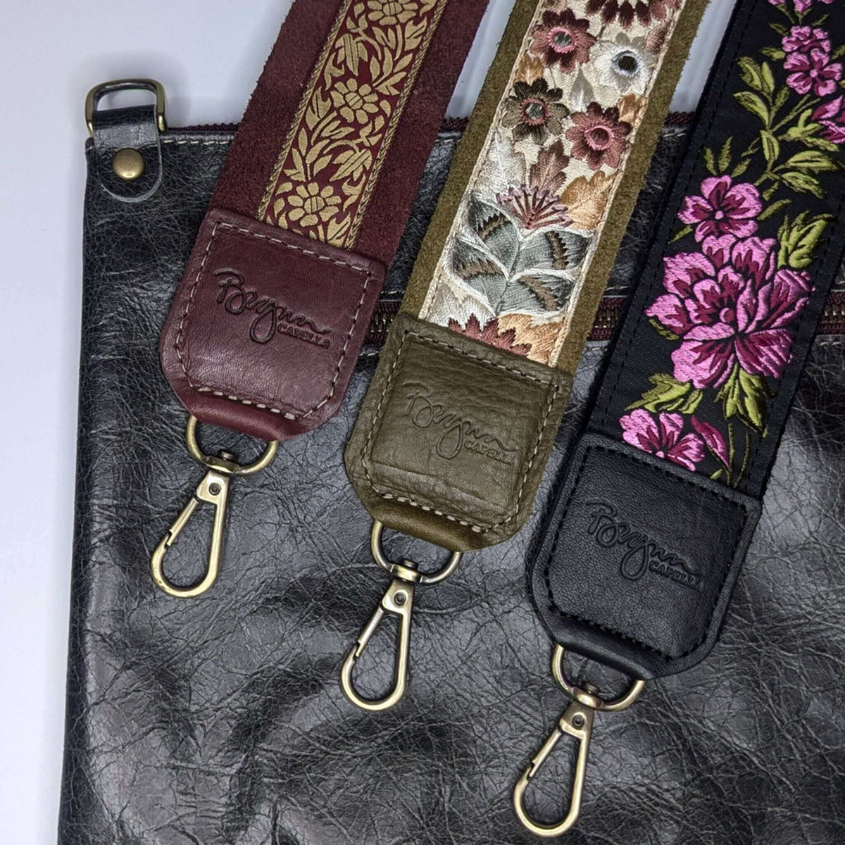 Adjustable Guitar Bag Strap, Woven Floral, leather-backed