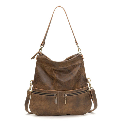 Brown leather handbag with a shoulder and crossbody strap, 6-in-1 convertible style leather crossbody bag