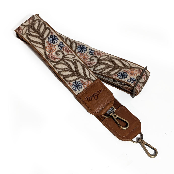 Floral Embroidered Ribbon on a bag strap made of leather