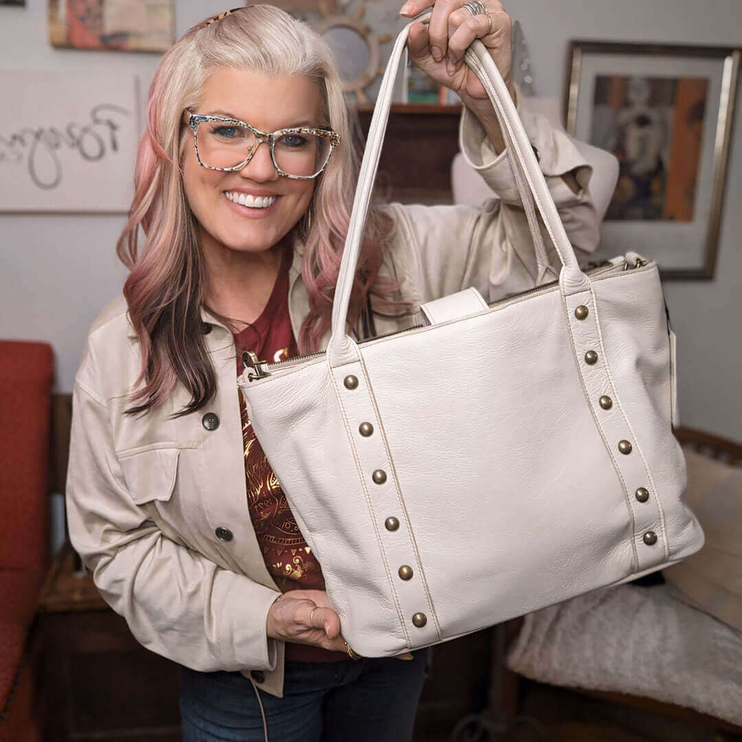 The Perfect Leather Tote Bag, Stone White, by Brynn Capella made in the USA