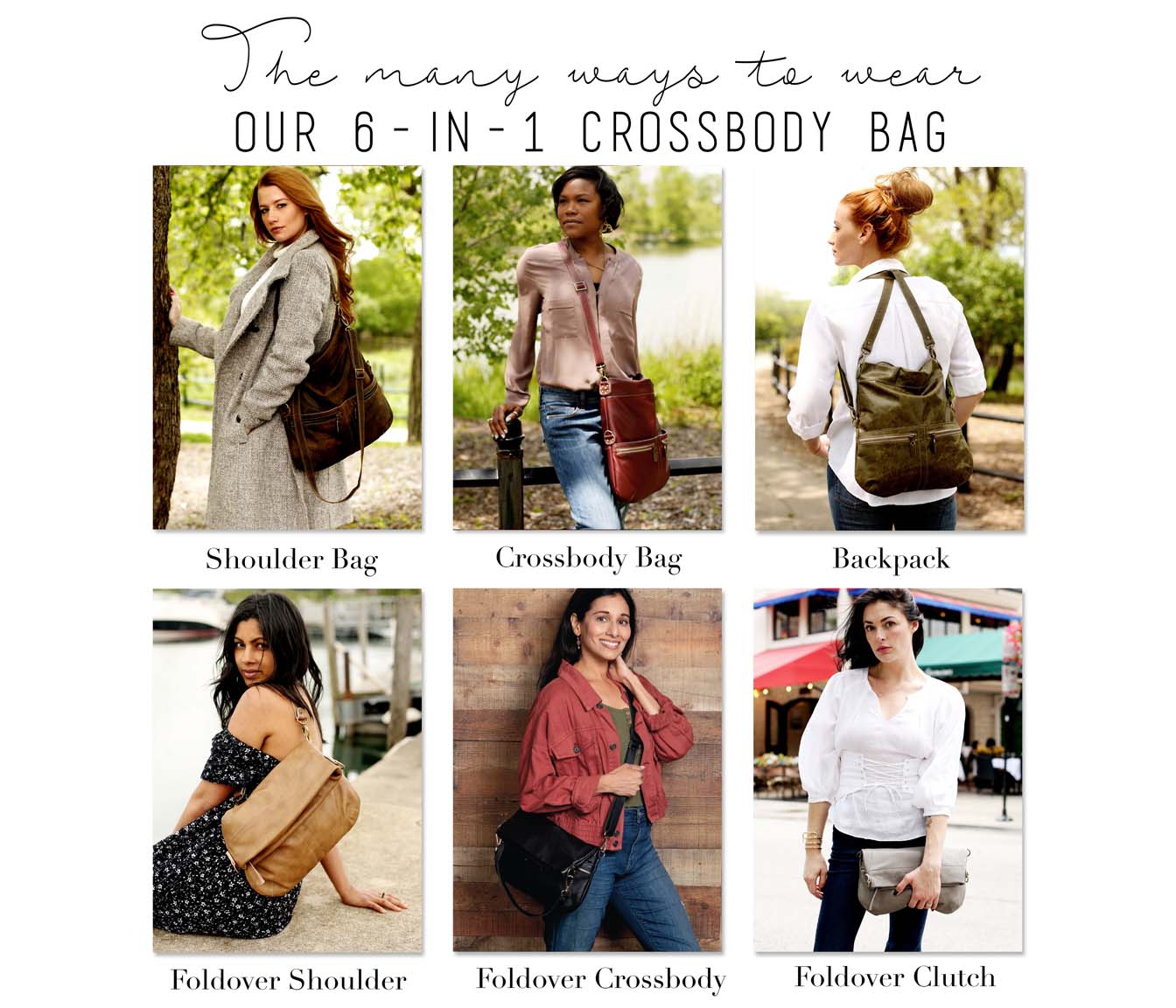 6 ways to wear our convertible crossbody Lauren bag, both sizes