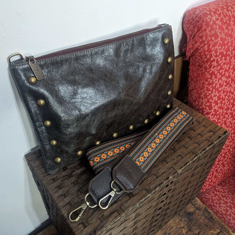 Studded clutch crossbody, Charcoal full-grain leather USA made, Handbags, Medium Crossbody, Brynn Capella