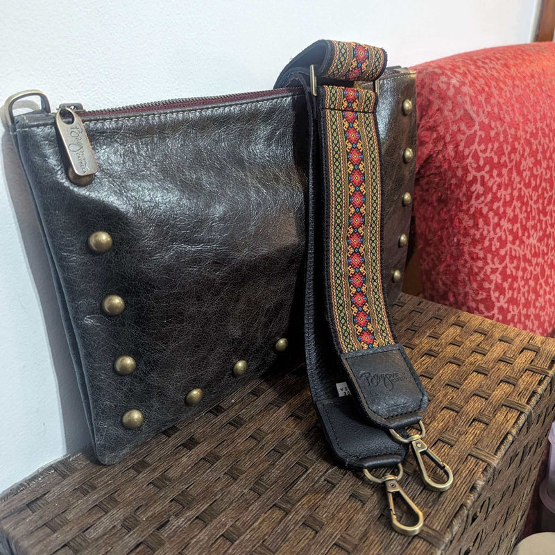 Studded clutch crossbody, Charcoal full-grain leather USA made, Handbags, Medium Crossbody, Brynn Capella