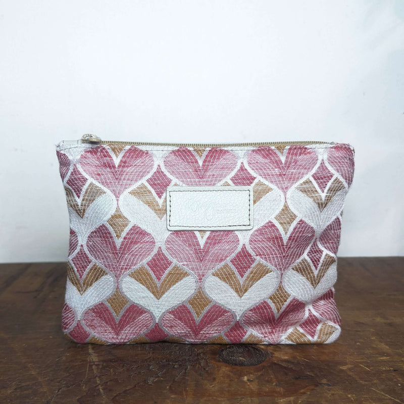 Small makeup Pouch, Pink hearts wool fabric, Brynn Capella, made in USA