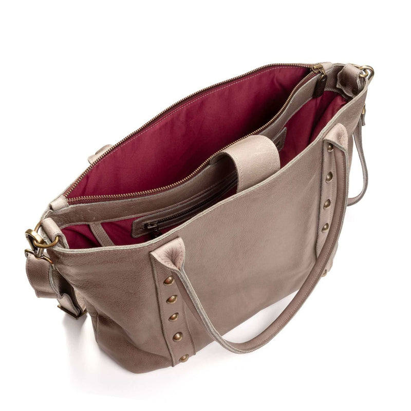 Tote Bag with separate laptop pocket shown in Light Charcoal leather, Brynn Capella made in the USA