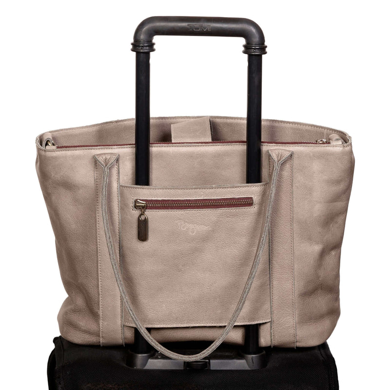 The Perfect Leather Tote Bag, Light Charcoal leather, trolley sleeve for travel, made in the USA