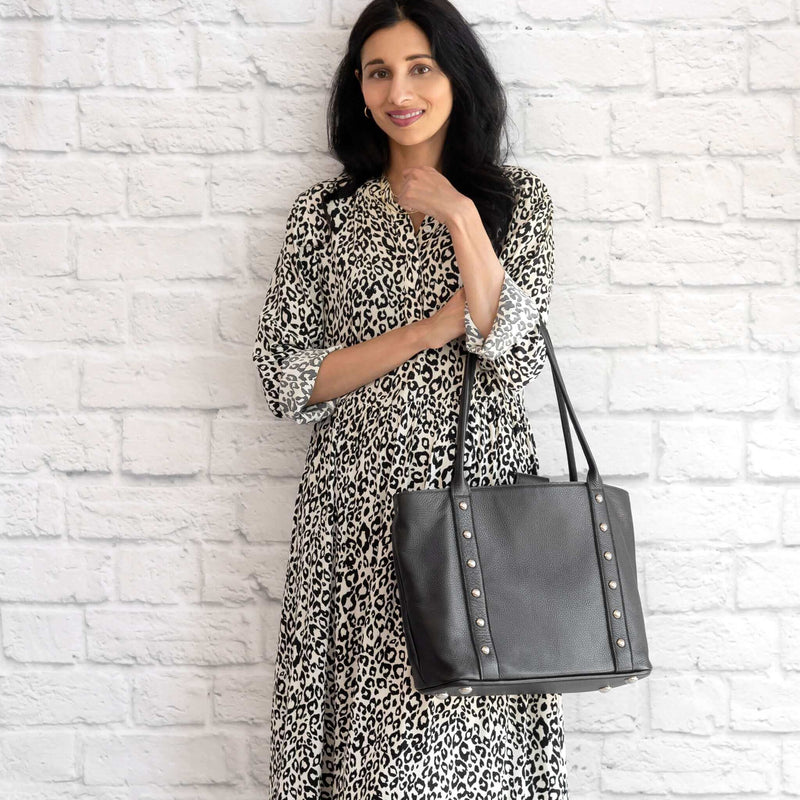The perfect leather tote bag, black Noche, Brynn Capella, made in the usa