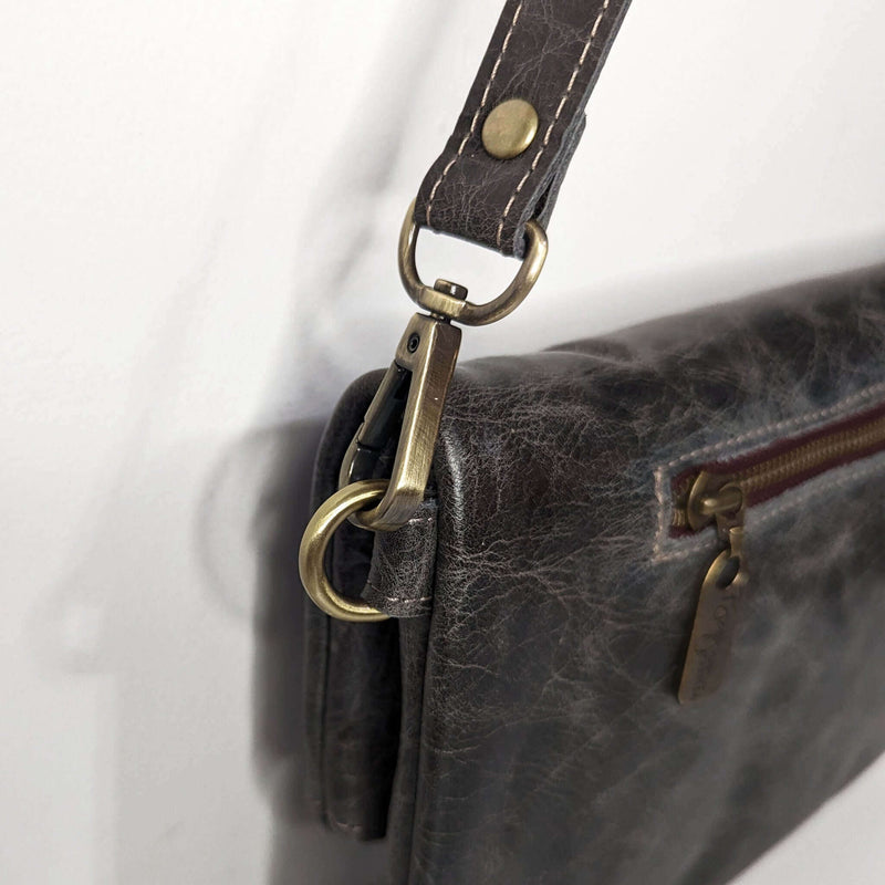 Leather Foldover Crossbody bag, clutch, charcoal, made in USA, Handbags, , Brynn Capella