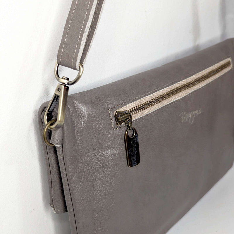 Leather Foldover Crossbody bag, clutch, grey, made in USA, Handbags, Small Crossbody, Brynn Capella