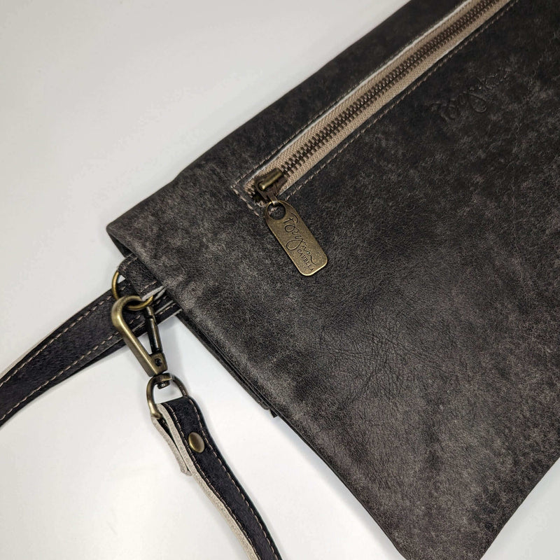 Leather Foldover Crossbody bag, clutch, charcoal, made in USA, Handbags, Small Crossbody, Brynn Capella