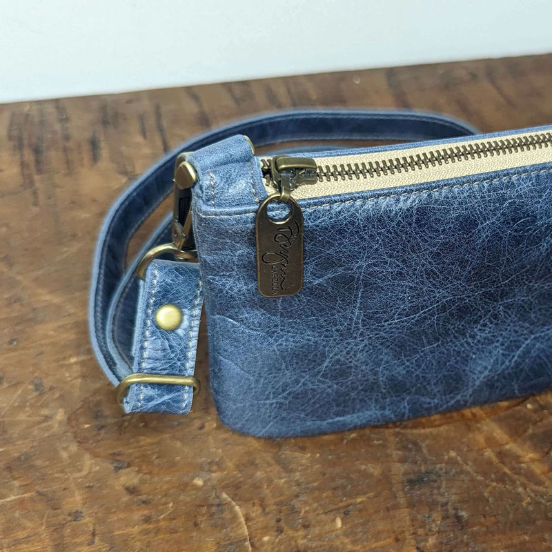 Mini Crossbody Bag in Blue, distressed leather, Made in USA, Handbags, Mini Crossbody, Brynn Capella