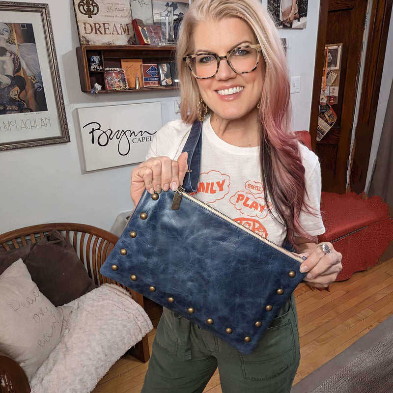 Studded clutch crossbody, Blue full-grain leather USA made, Handbags, Small Crossbody, Brynn Capella