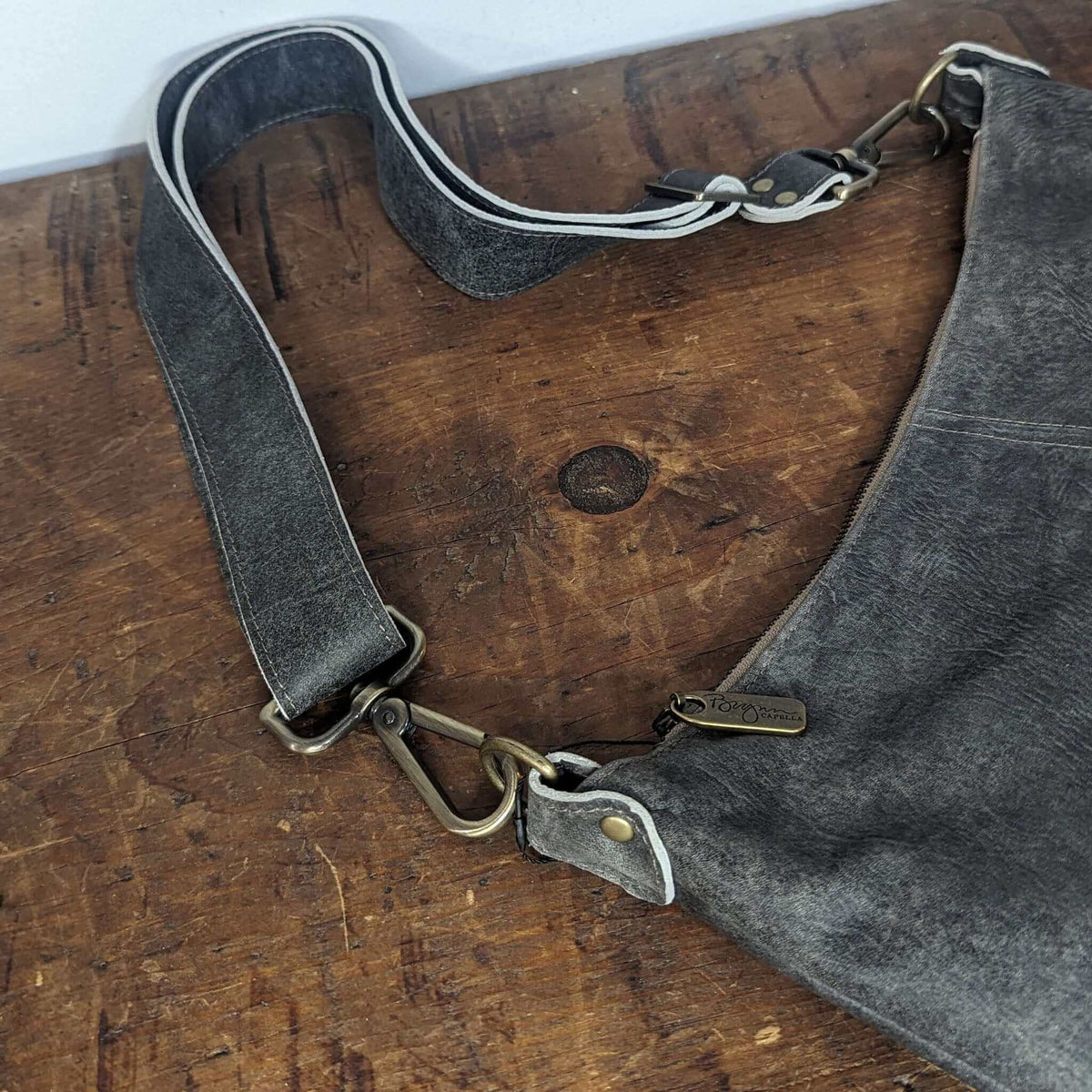 Hobo Crossbody Bag, Charcoal, Aniline leather, Brynn Capella, made in USA