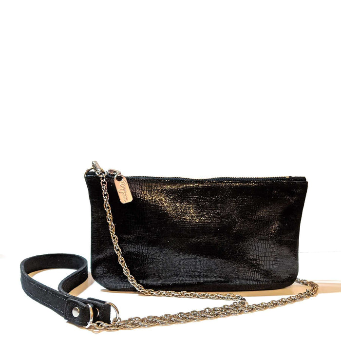 Black Mini Leather Crossbody, Lizard Print, Brynn Capella, Made in the USA