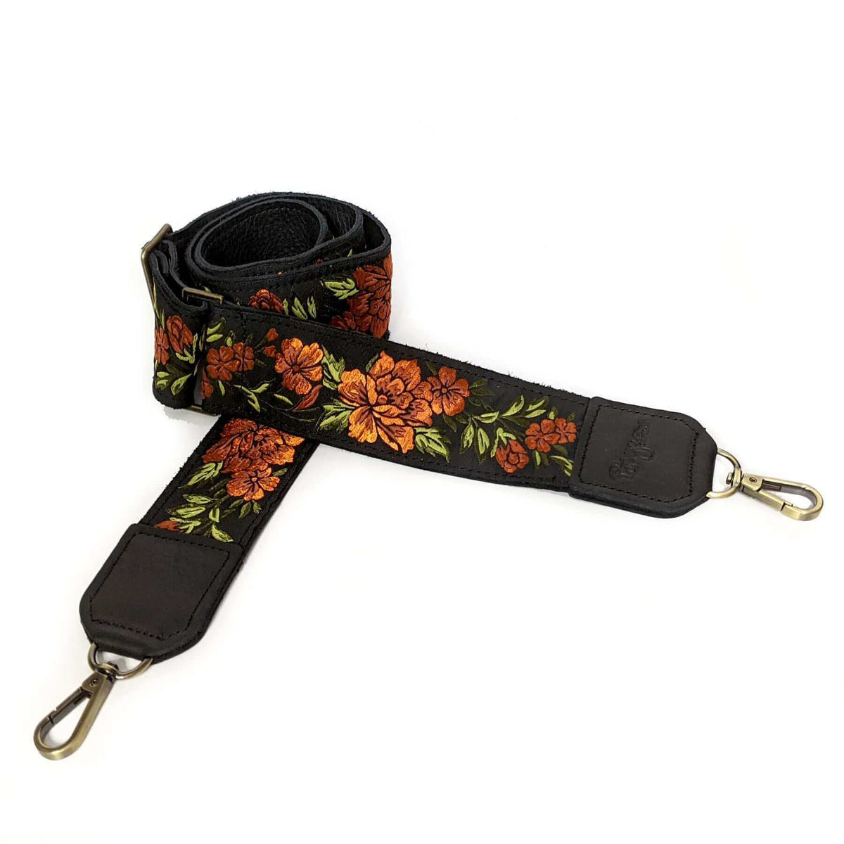 Adjustable Guitar Bag Strap, Orange floral print leather