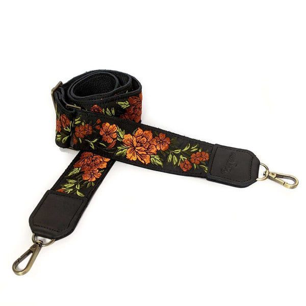 Guitar Purse Strap, 70's inspired, Orange Floral, Brynn Capella, made in the USA