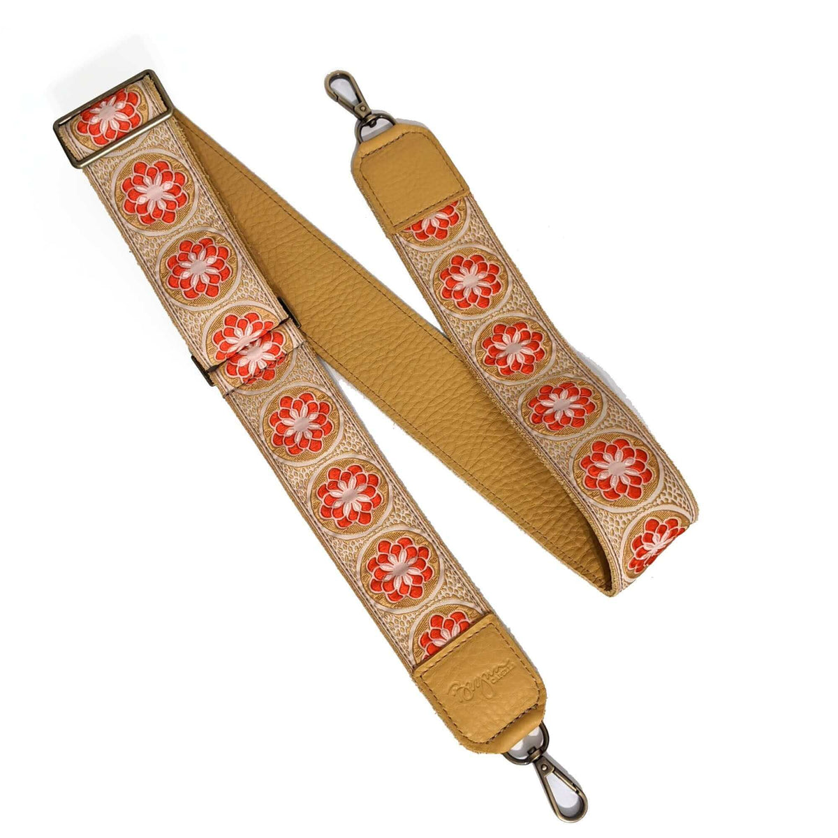 Adjustable Guitar Bag Strap, Golden/Red Daisy print, leather