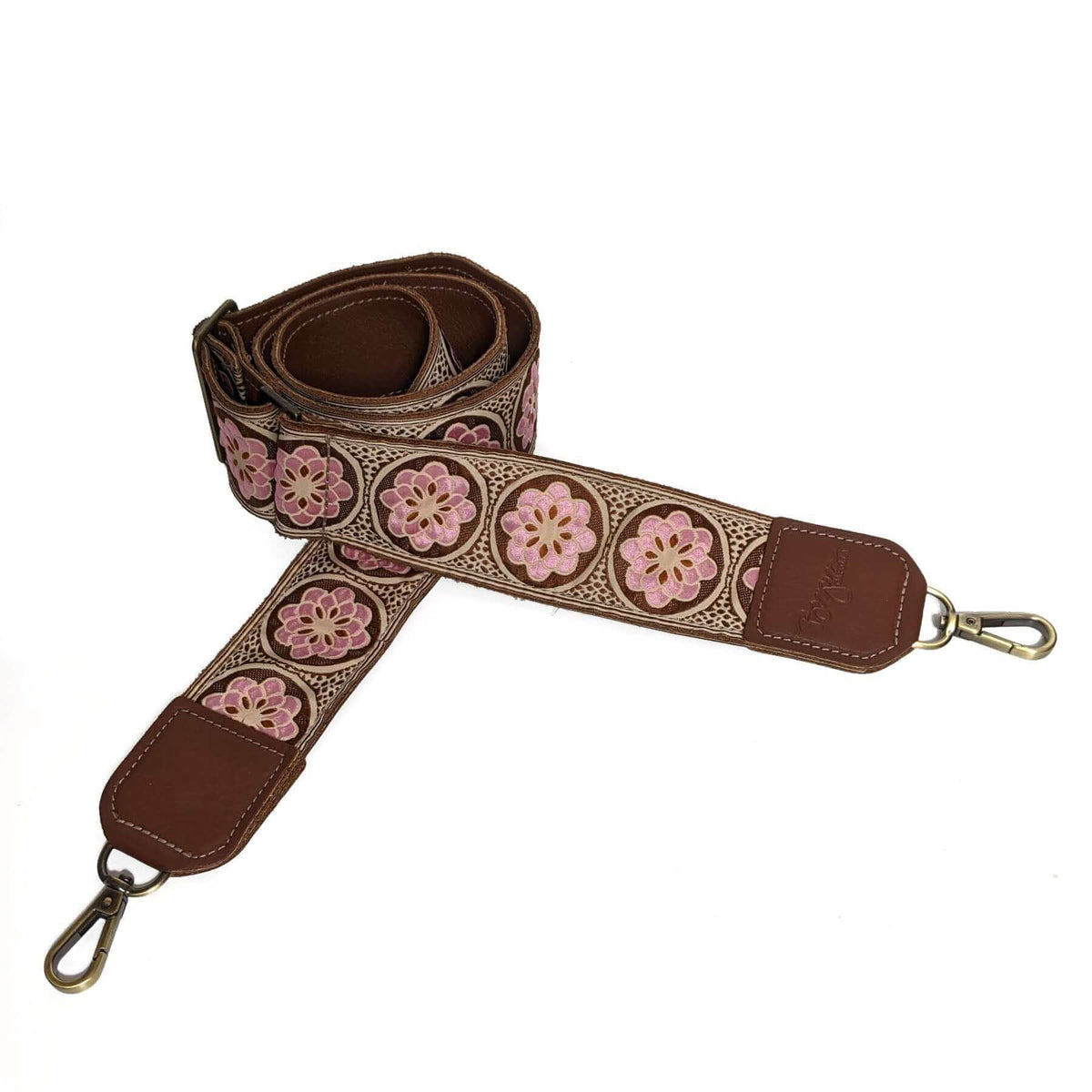 Guitar Purse Strap - Lilac Daisy | Brynn Capella, Leather Goods $125 Handbag Strap accessories, Brown, dark brown, Pink