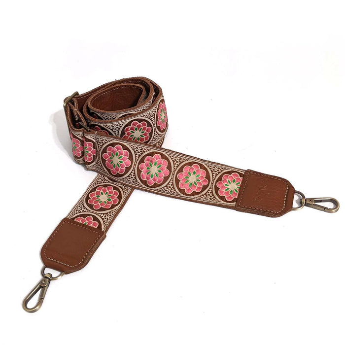 Guitar Purse Strap - Pink Daisy | Brynn Capella, Leather Goods $125 Handbag Strap accessories, best sellers, Brown, dark brown, orange