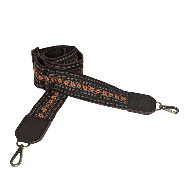 Lizzy Guitar Bag Strap - Diamonds featuring colorful woven designs and leather trims, ideal for enhancing any handbag.