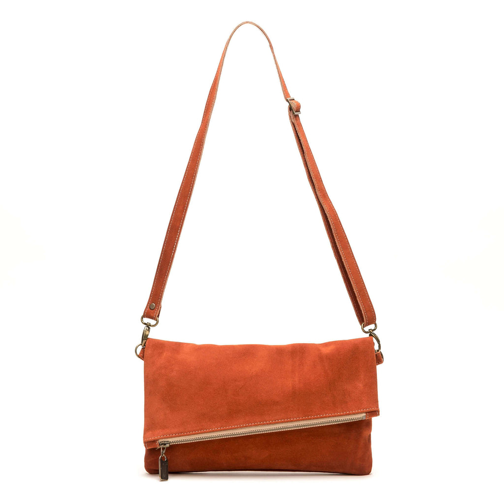 Rust Suede Leather Foldover Crossbody Bag, Made in USA