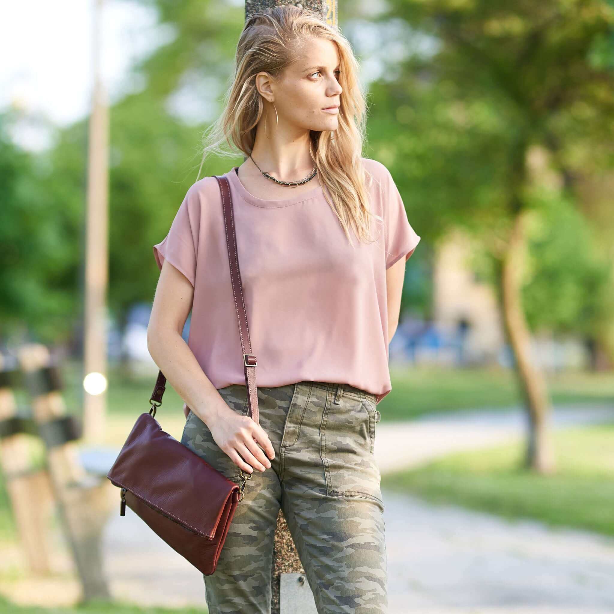 Wine Brown Italian Leather Foldover Crossbody Bag Made in US