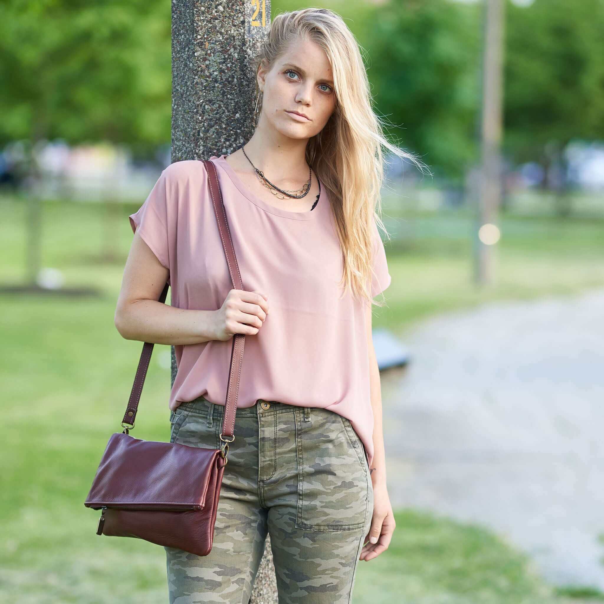 Wine Brown Italian Leather Foldover Crossbody Bag Made in US