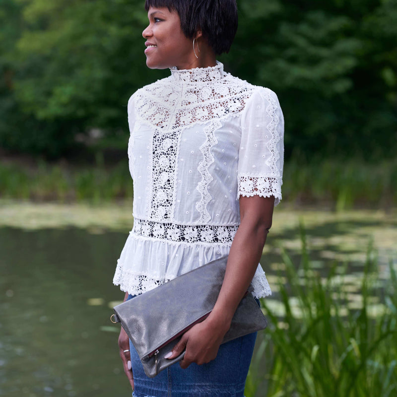 Leather Foldover Crossbody bag, clutch, charcoal, made in USA, Handbags, , Brynn Capella