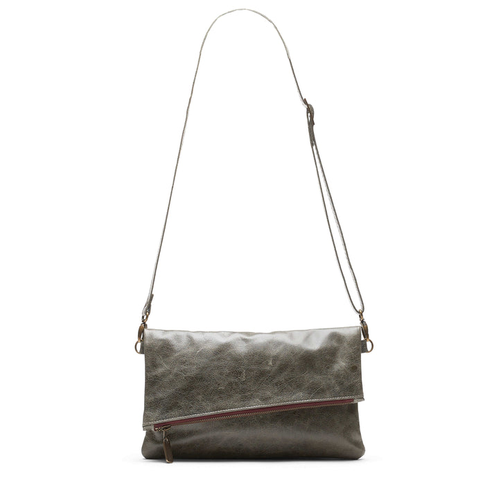 Leather Foldover Crossbody bag, clutch, charcoal, made in USA, Handbags, , Brynn Capella