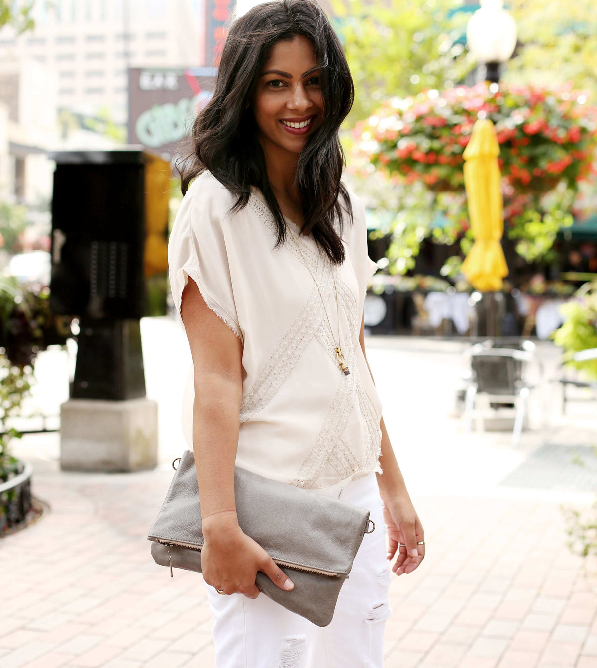 Grey Italian Leather Foldover Crossbody Bag Made in USA