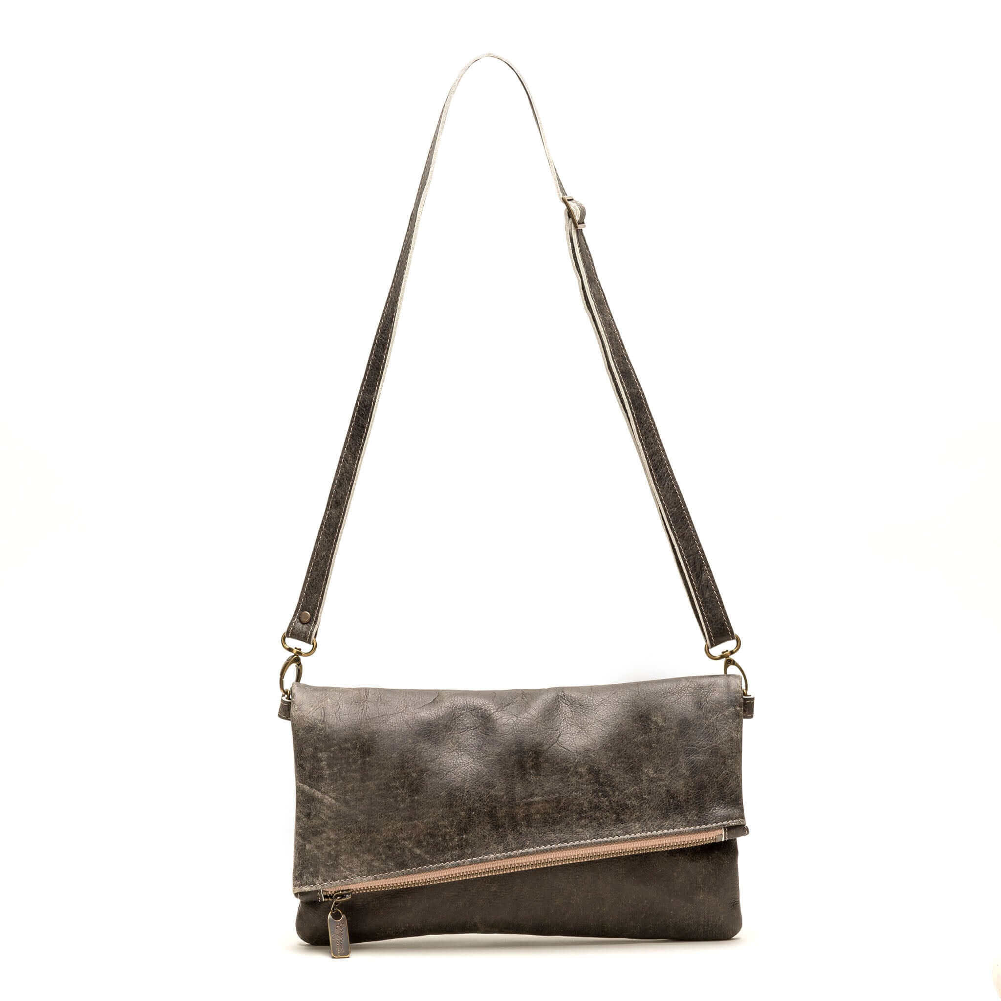 Charcoal Italian Leather Foldover Crossbody Bag Made in USA