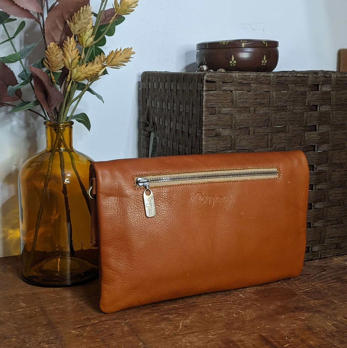 hobo sterling raine sterling leather foldover clutch bag Rust Orange Italian Leather Foldover Crossbody Bag, Made USA