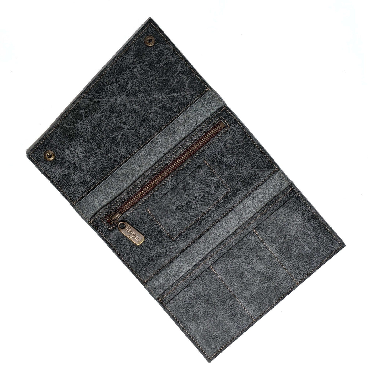 Leather Tri-fold wallet, blue/grey, Brynn Capella, made in USA leather goods