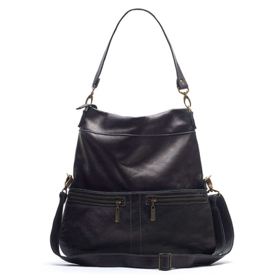 Original Lauren 6-in-1 leather crossbody bag in black sand with multiple pockets and compartments.