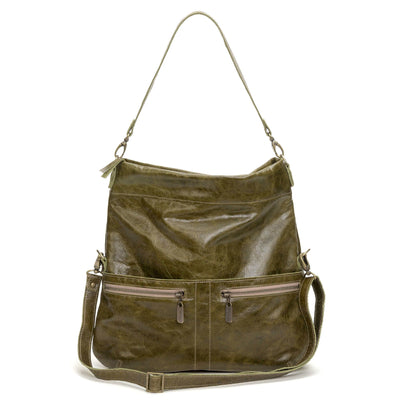Original Lauren leather crossbody bag in olive green with front zippers and adjustable strap.