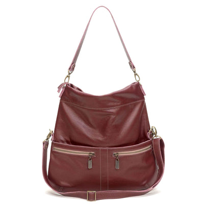 Original Lauren leather crossbody bag in burgundy color with dual front pockets.