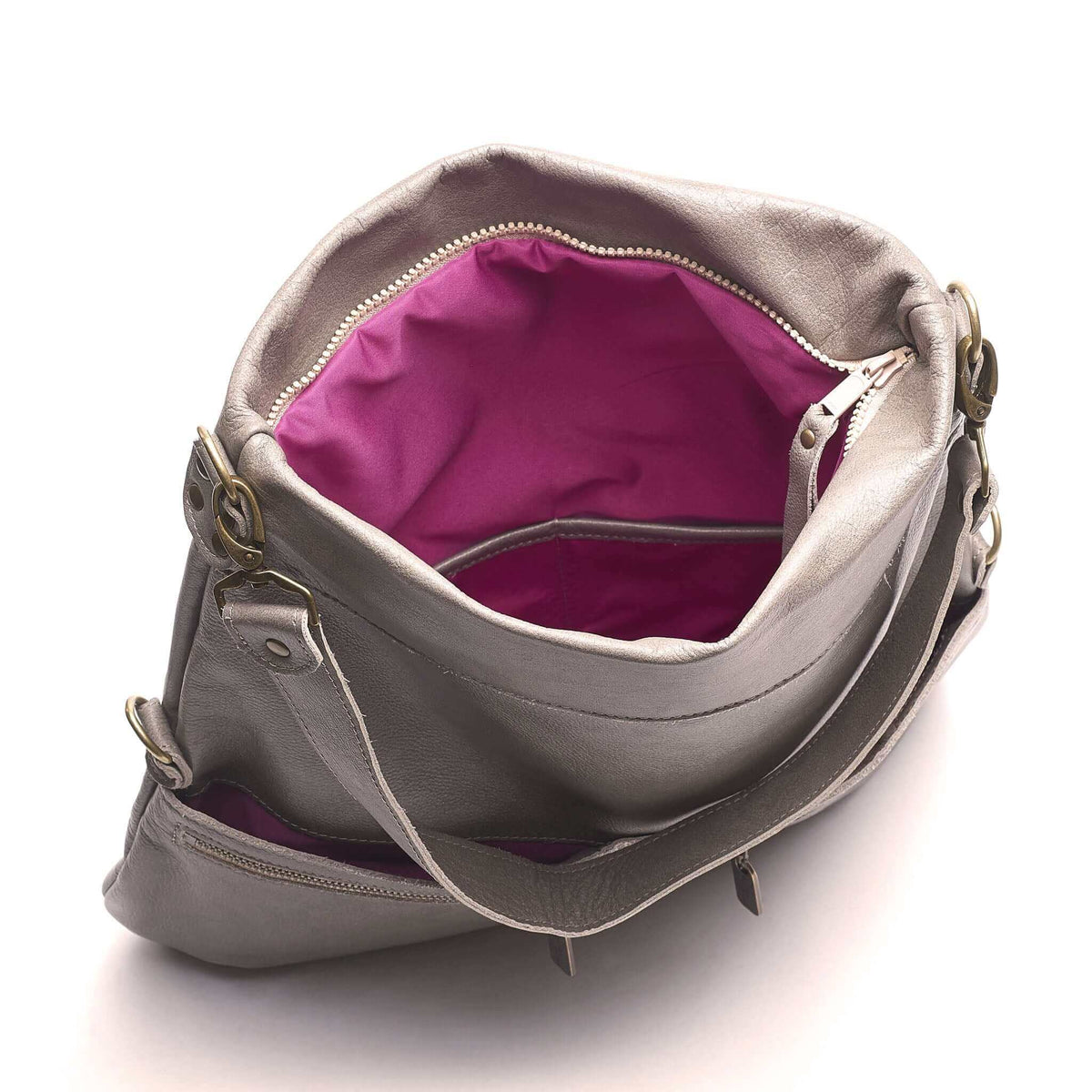 Grey 6-in-1 leather crossbody backpack - Brynn Capella, USA (inside)