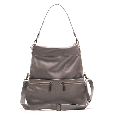 Original Lauren leather crossbody bag in grey with versatile carrying options and zippered pockets.
