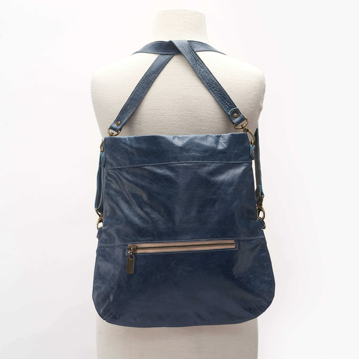 Blue distressed leather Mini Lauren Convertible Backpack Bag by Brynn Capella