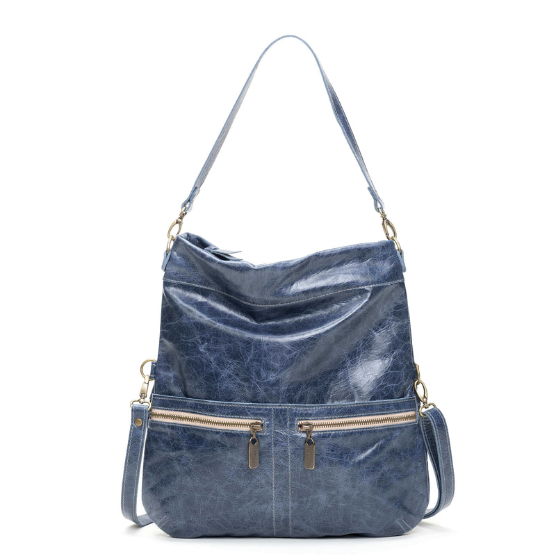 Blue distressed leather Mini Lauren Convertible Bag by Brynn Capella