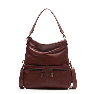 Mini Lauren 6-in-1 convertible leather crossbody bag in merlot color with multiple carrying options.