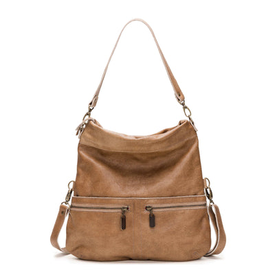 Mini Lauren 6-in-1 convertible leather crossbody bag in tan color with multiple zipper pockets.