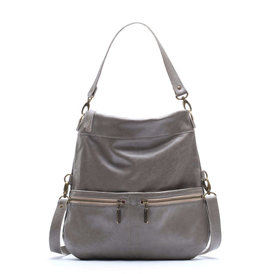 Mini Lauren 6-in-1 Convertible Leather Crossbody Bag - Stone Temple in grey leather with multiple pockets.