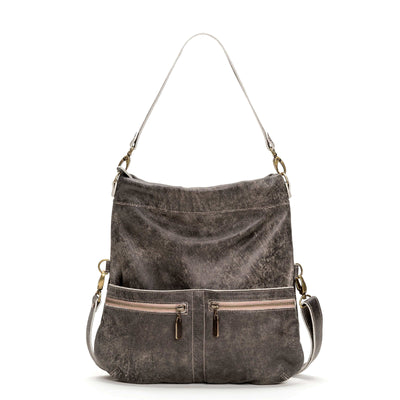 Mini Lauren leather crossbody bag in gray, featuring adjustable strap and front zip pockets, perfect for daily use.