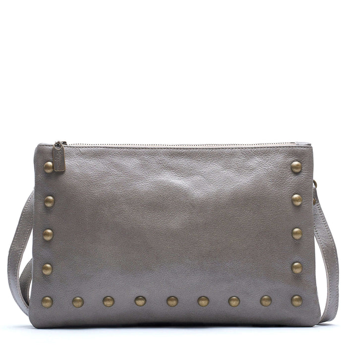 Studded bag in light grey full-grain leather convertible clutch-to-crossbody with adjustable strap